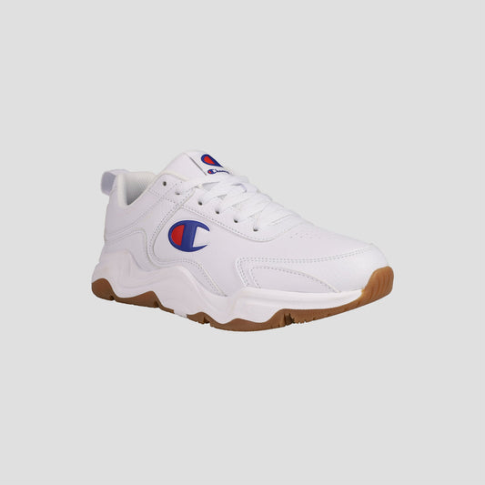 The Champion Men's Hyper V3 Next sneaker features a white mesh upper, chunky brown sole, and blue/red Champion logo on the side and tongue, displayed against a plain light background.