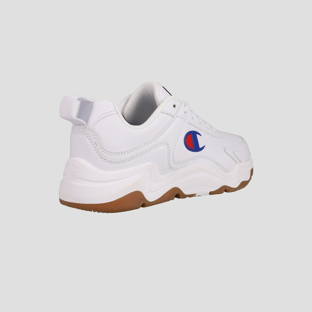 The Men's Hyper V3 Next by Champion features a white mesh upper, chunky brown sole, and the iconic blue and red Champion logo on the side, shown from a rear-side angle against a plain light background.