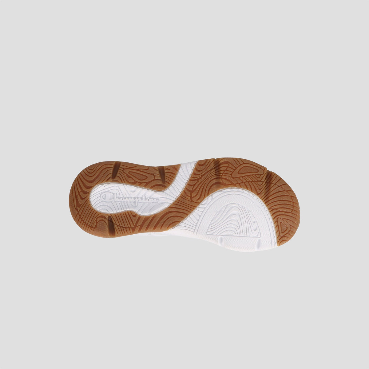 The image shows the sole of the Men's Hyper V3 Next sneaker by Champion, featuring a wavy brown and white tread pattern with textured curves and circular shapes for grip, set against a light gray background.