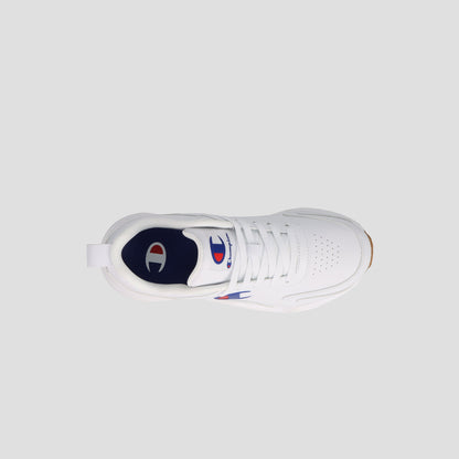 Top view of the Men's Hyper V3 Next sneaker by Champion, featuring a perforated toe, durable mesh upper, navy blue insole, and Champion logos on the tongue and inner lining, set against a plain light grey background.