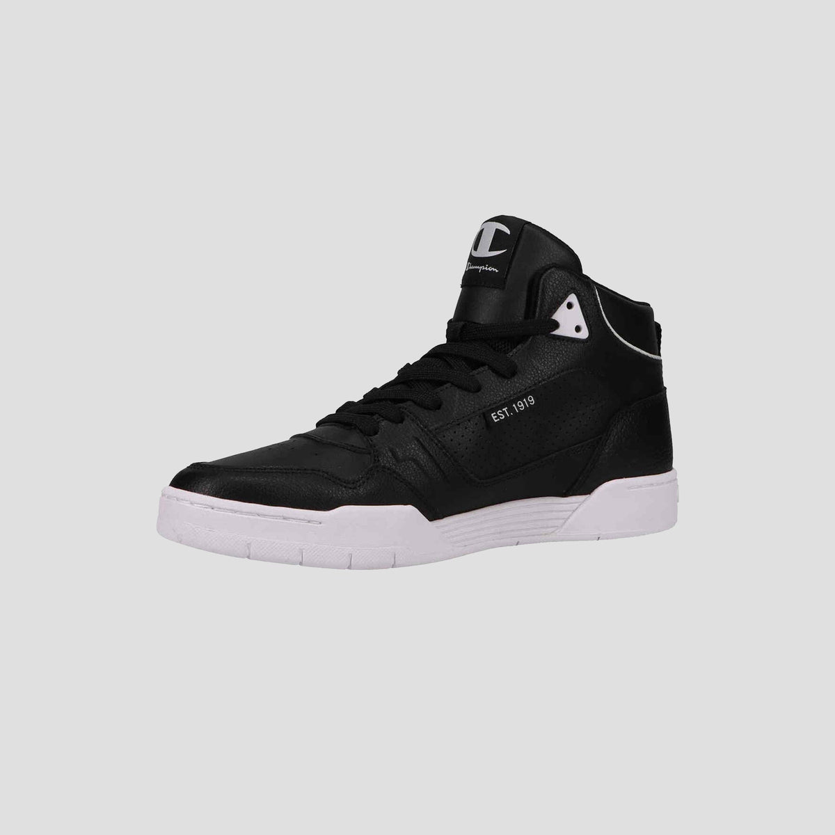The Champion Men's 5-on-5 High is a black high-top sneaker with white accents, cushioned collar, and white sole. "C" and "E" are on the tongue, "EST. 1919" on the side. Displayed on a plain light gray background.
