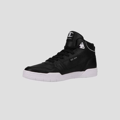 The Champion Men's 5-on-5 High is a black high-top sneaker with white accents, cushioned collar, and white sole. "C" and "E" are on the tongue, "EST. 1919" on the side. Displayed on a plain light gray background.