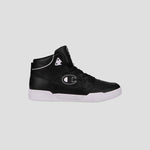 The Champion Men's 5-on-5 High is a black high-top sneaker with white accents, cushioned collar, white sole, and bold white Champion logo—ideal for sporty-casual looks. Shown against a plain gray background.