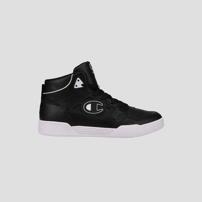 The Champion Men's 5-on-5 High is a black high-top sneaker with white accents, cushioned collar, white sole, and bold white Champion logo—ideal for sporty-casual looks. Shown against a plain gray background.