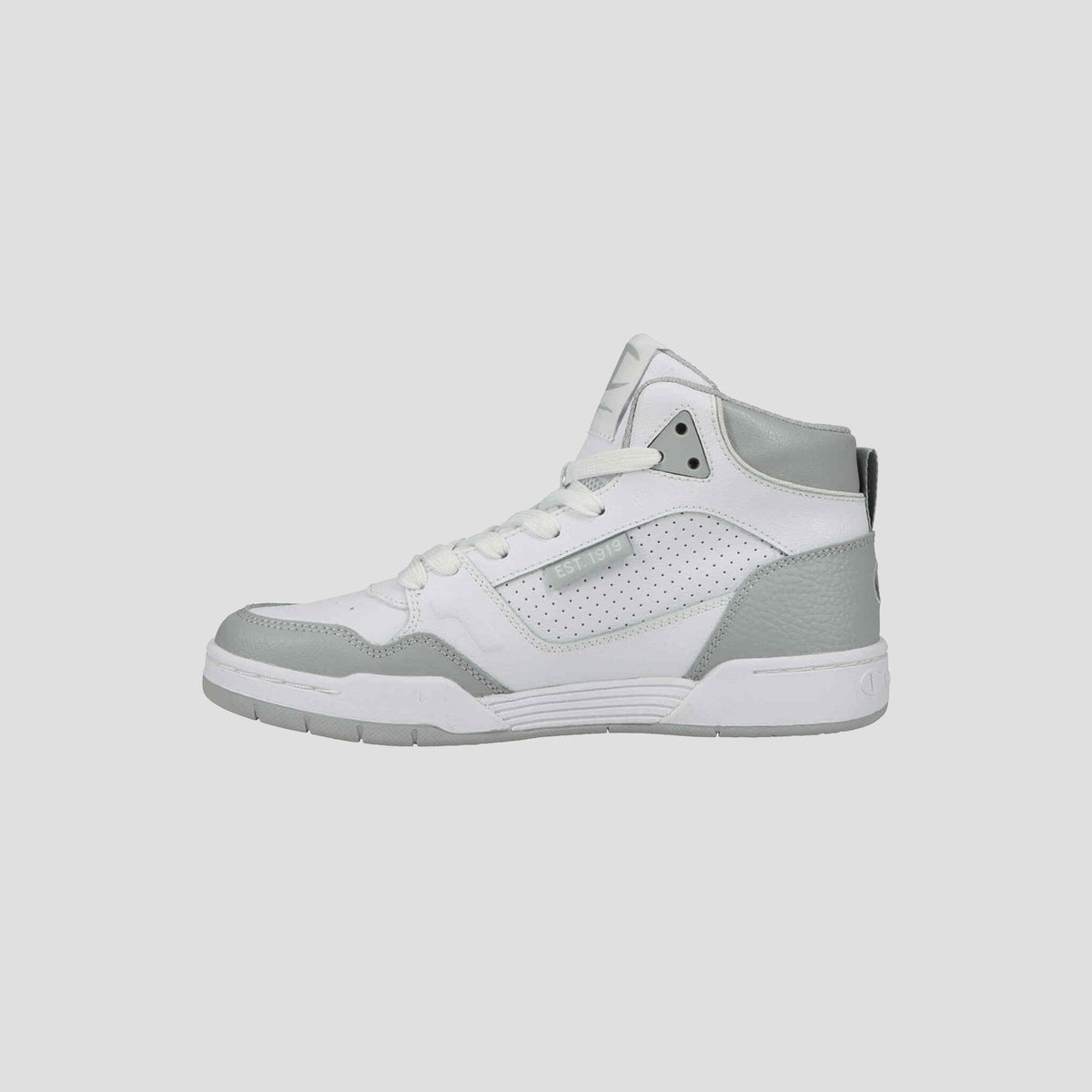 The Champion Men's 5-on-5 High is a white and light gray high-top sneaker with a cushioned collar, perforated side panel, lace-up closure, and flat sole—perfect sporty-casual footwear, shown on a plain light background.