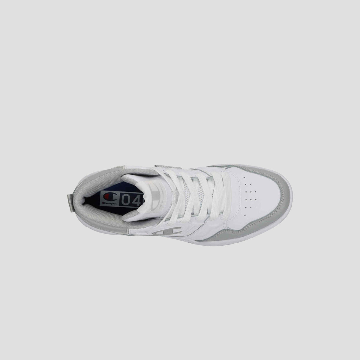 Top view of the Champion Men's 5-on-5 High sneaker in white with gray accents, cushioned collar, perforated toe box, white laces, and a visible C logo on the insole, set against a plain light gray background.