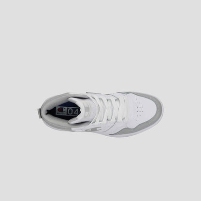 Top view of the Champion Men's 5-on-5 High sneaker in white with gray accents, cushioned collar, perforated toe box, white laces, and a visible C logo on the insole, set against a plain light gray background.