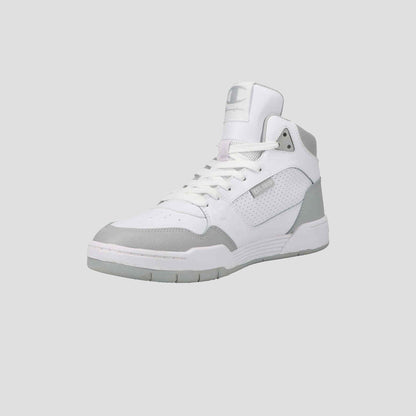The Champion Men's 5-on-5 High is a white and light gray high-top sneaker with a lace-up front and cushioned collar, displayed at a slight angle on a light gray background.