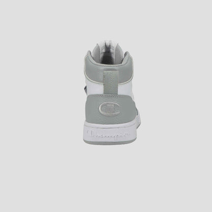 The Champion Men's 5-on-5 High is a gray and white high-top men's sneaker seen from the back, with a cushioned collar, Champion logo on the heel, and Champion text on the sole for sporty-casual style.