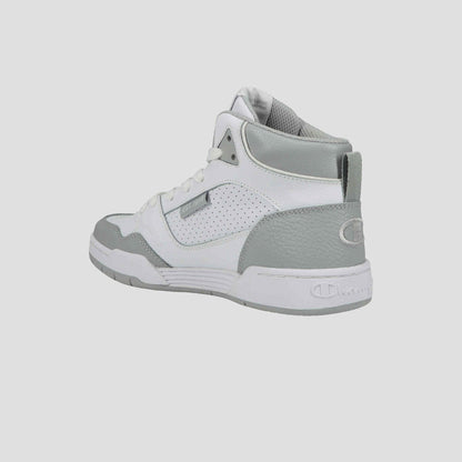 The Champion Men's 5-on-5 High is a white and gray high-top sneaker featuring perforated detailing, cushioned collar, gray accents on the toe, heel, and ankle, and a white sole. The shoe is shown angled to display its outer side and back.