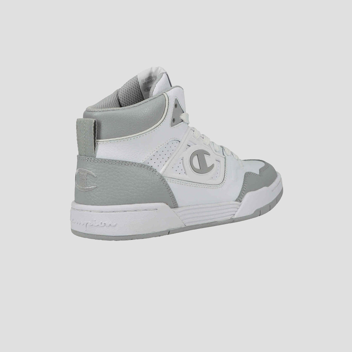 The Champion Men's 5-on-5 High is a white and light gray high-top sneaker with a cushioned collar and Champion logos on the side and heel, shown on a light gray background. Ideal for sporty-casual, everyday wear.