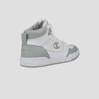 The Champion Men's 5-on-5 High is a white and light gray high-top sneaker with a cushioned collar and Champion logos on the side and heel, shown on a light gray background. Ideal for sporty-casual, everyday wear.