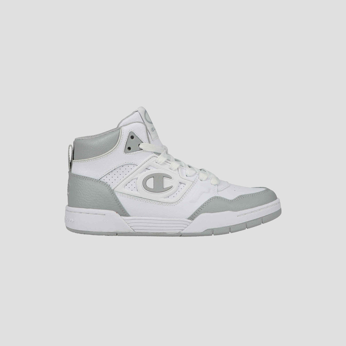 The Champion Men's 5-on-5 High are white and light gray high-top sneakers featuring a side logo, cushioned collar for comfort, white laces, and a rubber sole—ideal sporty-casual shoes shown on a plain background.
