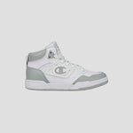 The Champion Men's 5-on-5 High are white and light gray high-top sneakers featuring a side logo, cushioned collar for comfort, white laces, and a rubber sole—ideal sporty-casual shoes shown on a plain background.