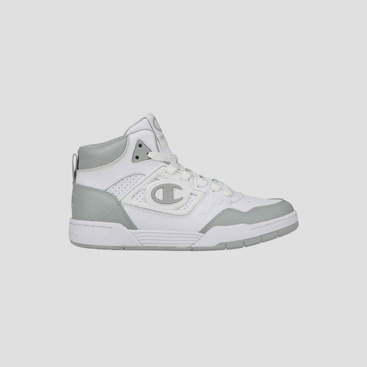 The Champion Men's 5-on-5 High are white and light gray high-top sneakers featuring a side logo, cushioned collar for comfort, white laces, and a rubber sole—ideal sporty-casual shoes shown on a plain background.