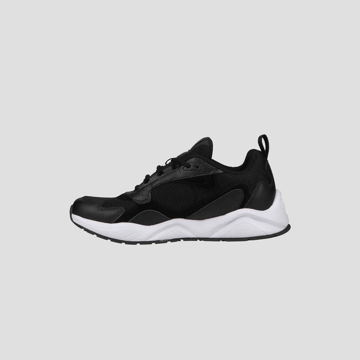 The Champion Men's 9318 Vale is a black athletic shoe with an all-purpose leather and mesh upper, black laces, and a thick white sole, displayed in profile against a plain light gray background.