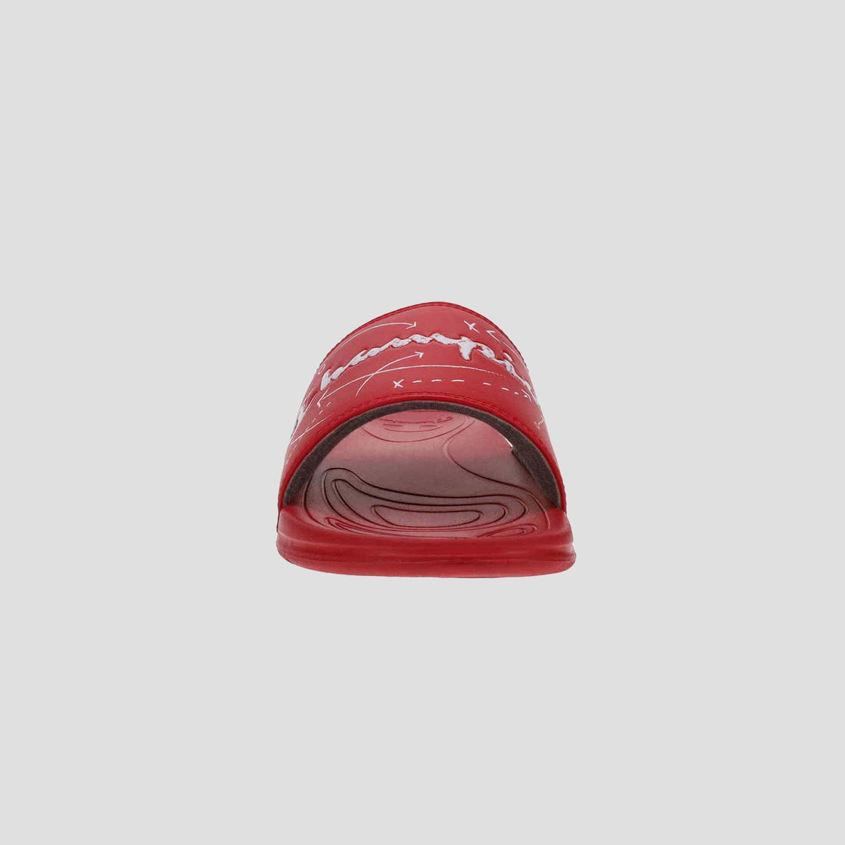 A front view of the Champion Men's Mega SFB Slide, featuring red color, white decorative lines and text on the upper strap, and a wavy abstract pattern on the contoured footbed.