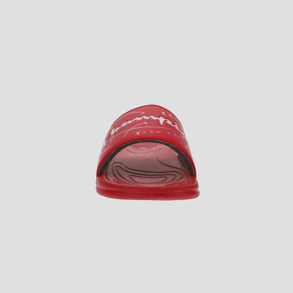 A front view of the Champion Men's Mega SFB Slide, featuring red color, white decorative lines and text on the upper strap, and a wavy abstract pattern on the contoured footbed.