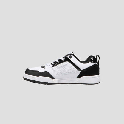 The Champion Women's 5-on-5 Low is a black and white low-top sneaker for women, featuring black laces, a white sole, and black accents on the toe, heel, and lace area, shown against a light gray background.