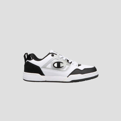 The Champion Women's 5-on-5 Low is a white and black sneaker with a minimalist design, thick sole, lace-up front, cushioned collar, and a bold C logo on the side, shown against a plain light gray background.