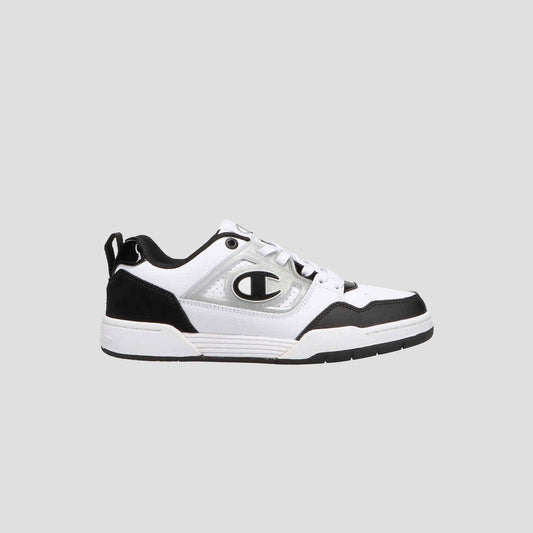 The Champion Women's 5-on-5 Low is a white and black sneaker with a minimalist design, thick sole, lace-up front, cushioned collar, and a bold C logo on the side, shown against a plain light gray background.