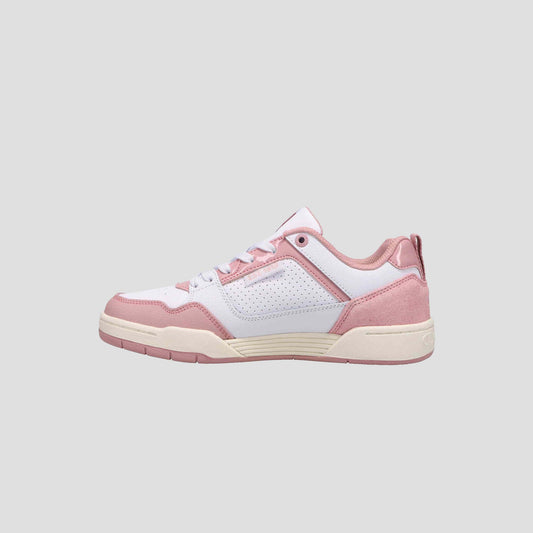 The Champion Women's 5-on-5 Low is a low-top sneaker with white and pink panels, white laces, a cushioned collar, and a light pink rubber sole, presented against a plain light gray background for a minimalist look.