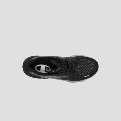 Top view of the Champion Men's Alpha sneaker in black with black laces, a white C logo on the insole, and a white toe pattern—ideal for gym workouts—set against a plain gray background.