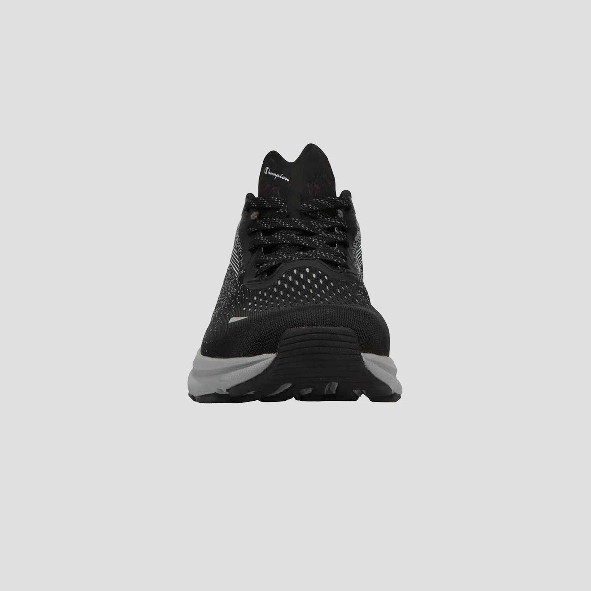 The Champion Men's Alpha is a black athletic sneaker with white accents and a white sole, ideal for workouts or running, shown front-facing on a plain gray background.