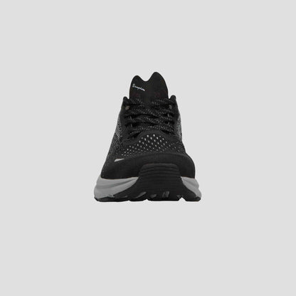 The Champion Men's Alpha is a black athletic sneaker with white accents and a white sole, ideal for workouts or running, shown front-facing on a plain gray background.