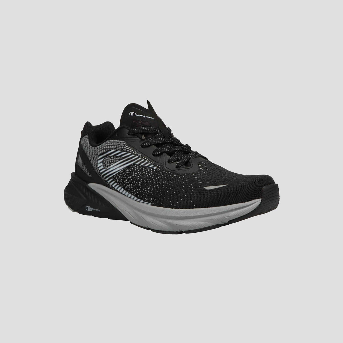 The Champion Men's Alpha sneaker is a black athletic shoe with gray and white accents, a mesh upper, and a textured sole—perfect for gym workouts—shown on a plain light gray background.