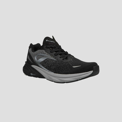 The Champion Men's Alpha sneaker is a black athletic shoe with gray and white accents, a mesh upper, and a textured sole—perfect for gym workouts—shown on a plain light gray background.