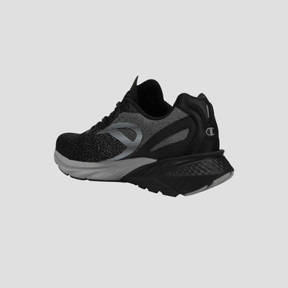The Champion Men's Alpha sneakers feature a black and gray mesh upper, white sole, and stylized C logo on the side and heel—ideal for gym workouts or daily wear. Shown against a plain light gray background.