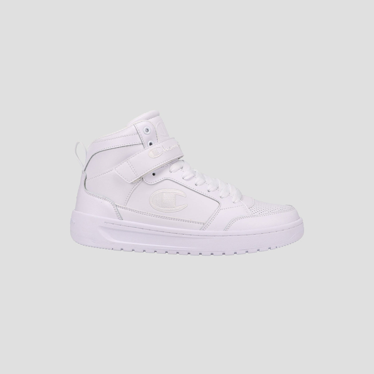 The Champion Men's Drome 19 High is a stylish white high-top sneaker featuring a lace-up front, velcro strap, cushioned insole, and embossed C logo on the side, shown against a plain light gray background.