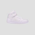 The Champion Men's Drome 19 High is a stylish white high-top sneaker featuring a lace-up front, velcro strap, cushioned insole, and embossed C logo on the side, shown against a plain light gray background.