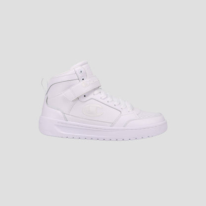 The Champion Men's Drome 19 High is a stylish white high-top sneaker featuring a lace-up front, velcro strap, cushioned insole, and embossed C logo on the side, shown against a plain light gray background.