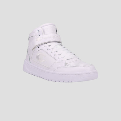 The Champion Men's Drome 19 High is a white high-top sneaker featuring a lace-up front, perforated toe, cushioned insole, and thick rubber sole, shown on a light grey background.