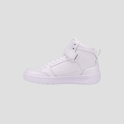The Champion Men's Drome 19 High is a stylish white high-top sneaker with laces and a strap, shown in side view on a light gray background, and features a cushioned insole for comfort.