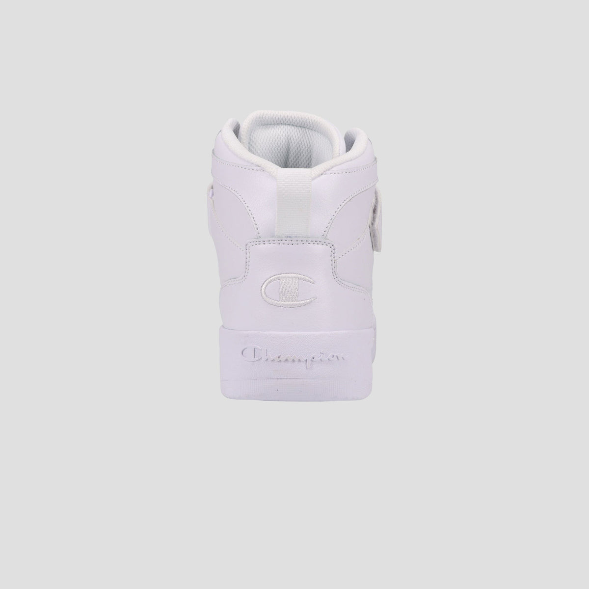 A rear view of the Champion Men's Drome 19 High white high-top sneaker shows the Champion logo and embossed heel text. Stylish and comfortable, it features a cushioned insole, set against a plain light gray background.