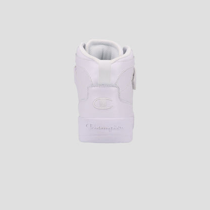 A rear view of the Champion Men's Drome 19 High white high-top sneaker shows the Champion logo and embossed heel text. Stylish and comfortable, it features a cushioned insole, set against a plain light gray background.