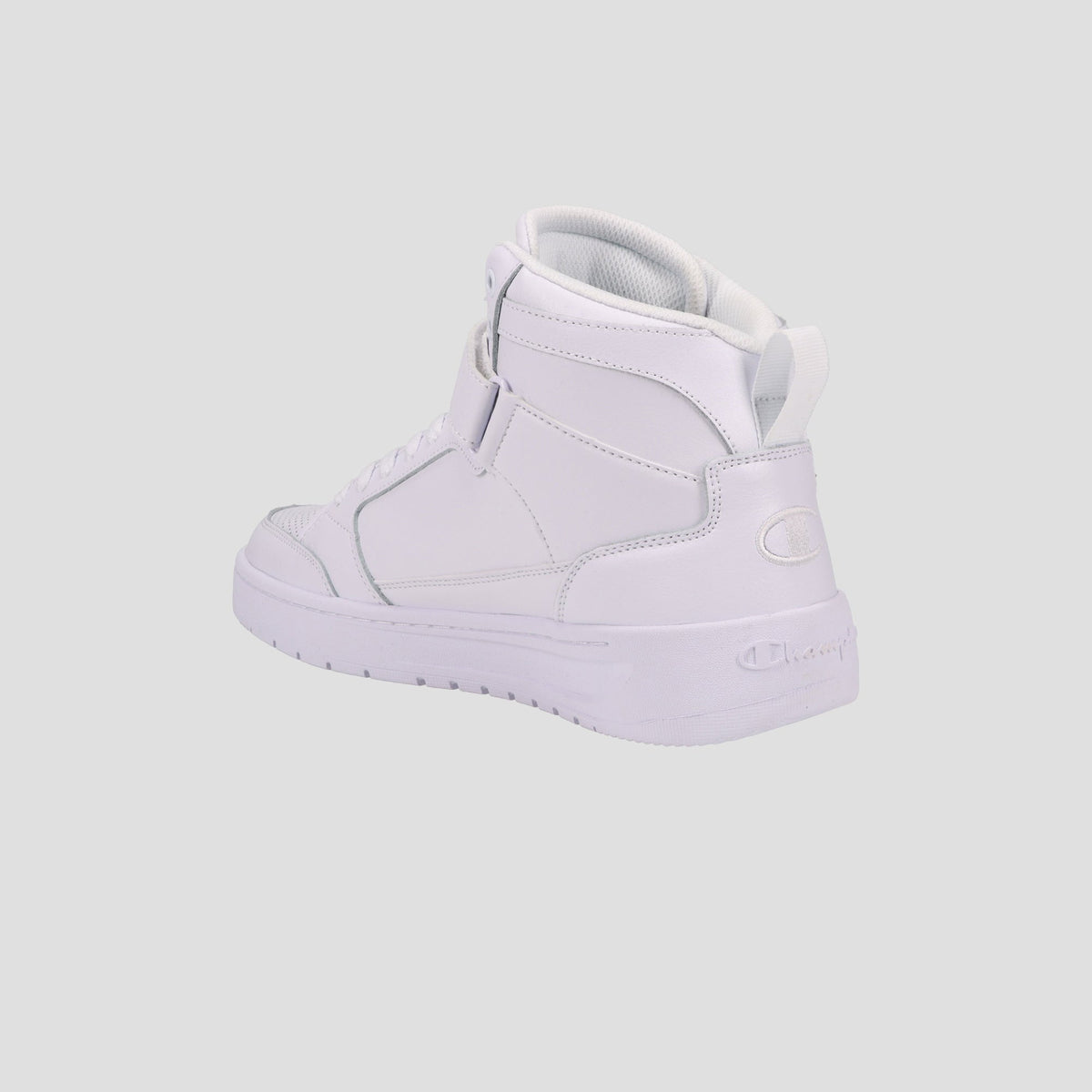 The Champion Men's Drome 19 High is displayed at an angle on a light gray background, showcasing its white high-top design, visible stitching, textured sole, and cushioned insole for comfort.
