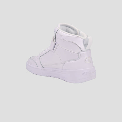 The Champion Men's Drome 19 High is displayed at an angle on a light gray background, showcasing its white high-top design, visible stitching, textured sole, and cushioned insole for comfort.