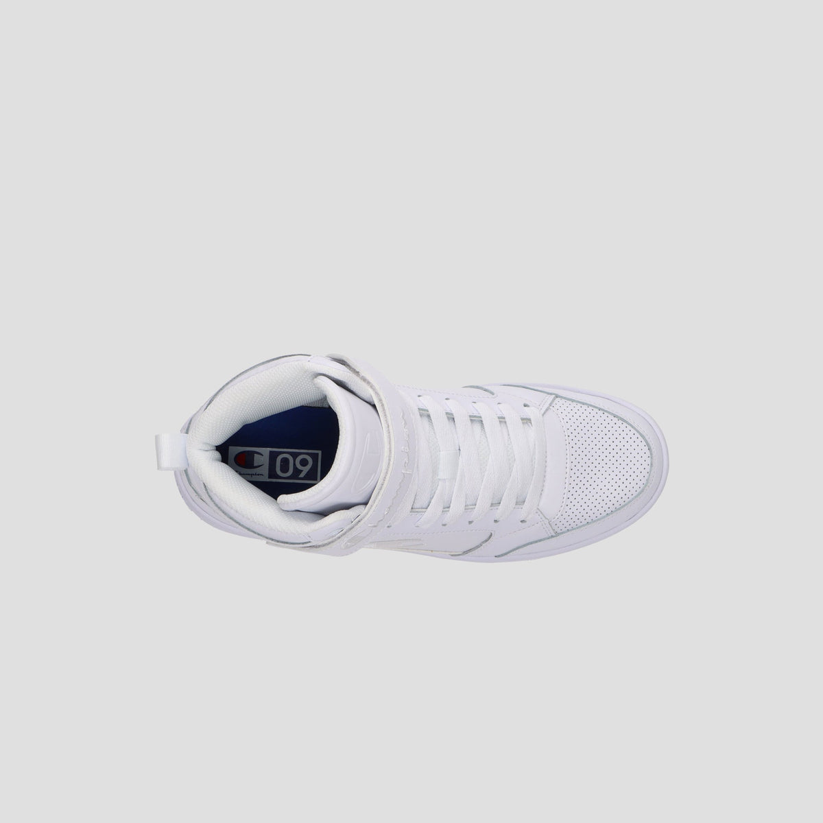 Top view of the Champion Men's Drome 19 High sneaker—a stylish white high-top with laces, a strap, perforated toe box, and cushioned insole—set against a plain light gray background.