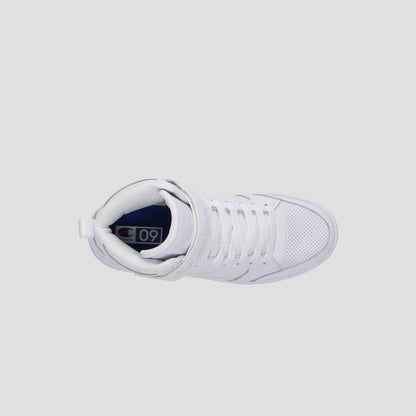 Top view of the Champion Men's Drome 19 High sneaker—a stylish white high-top with laces, a strap, perforated toe box, and cushioned insole—set against a plain light gray background.