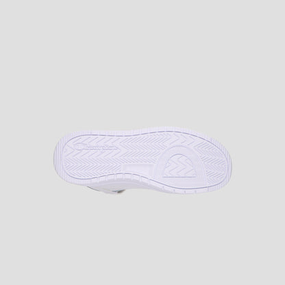 The image displays the sole of the Champion Men's Drome 19 High, featuring a white textured tread with the Champion logo embossed on the left. A cushioned insole offers comfort with every step. The background is light gray.