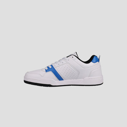 The Champion Men's 3-on-3 Court Low sneaker features a white upper with blue accents, black outsole, and perforated side panels, displayed in a left profile on a light gray background—ideal for fans of Champion style.