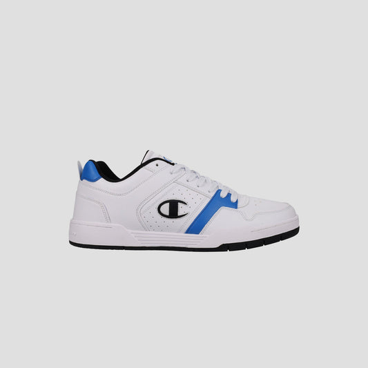 The Champion Men's 3-on-3 Court Low sneakers feature a white low-top design with blue and black accents, black sole, lace-up closure, and the Champion logo on the side, displayed against a light gray background.