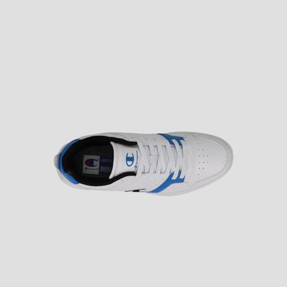 Top view of a Champion Men's 3-on-3 Court Low sneaker in white with blue accents, white laces, and a logo on the tongue, shown on a light gray background—ideal for men who want timeless athletic style.