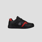 The Champion Men's 3-on-3 Court Low sneaker features black athletic footwear with red accents, black laces, and a gray C logo on the side, shown against a plain light gray background.
