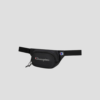 A black Champion Center Waist Pack featuring a front zipper pocket, a logo patch on the front, and an adjustable strap, displayed on a plain light gray background.