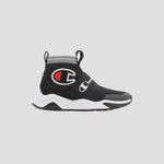 The Champion Kids' Rally Pro high-top sneakers feature a black and white design, sock-style ankle collar, thick white sole, and the Champion logo in red, white, and black—modern sporty shoes perfect for active kids.